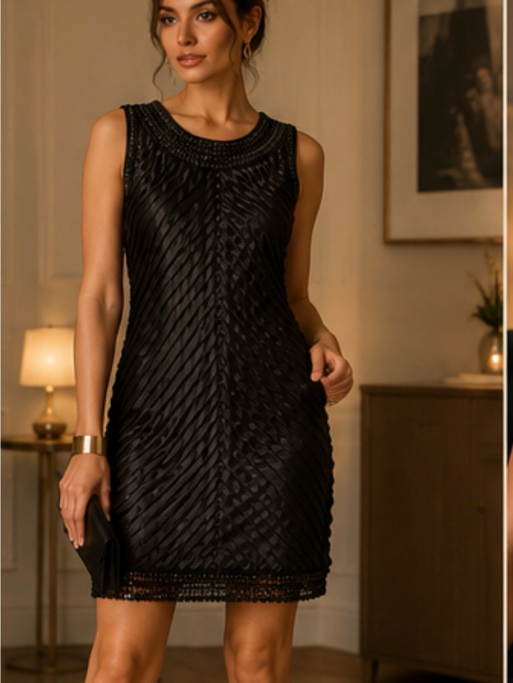Black Beaded Pleated Mini Dress - Sleeveless Evening Dress Art Deco Prom